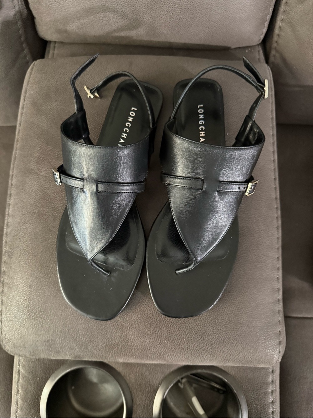 Longchamp Black Leather Thong Slingback Sandals